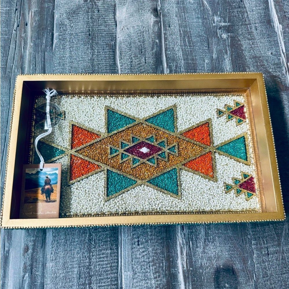 Southwest Western Aztec Tribal Beaded Orange Teal Decor Serving Decor Tray